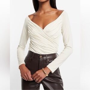 Express Body Contour Compression Silky Long Sleeve Wrap Top - Cream / White
